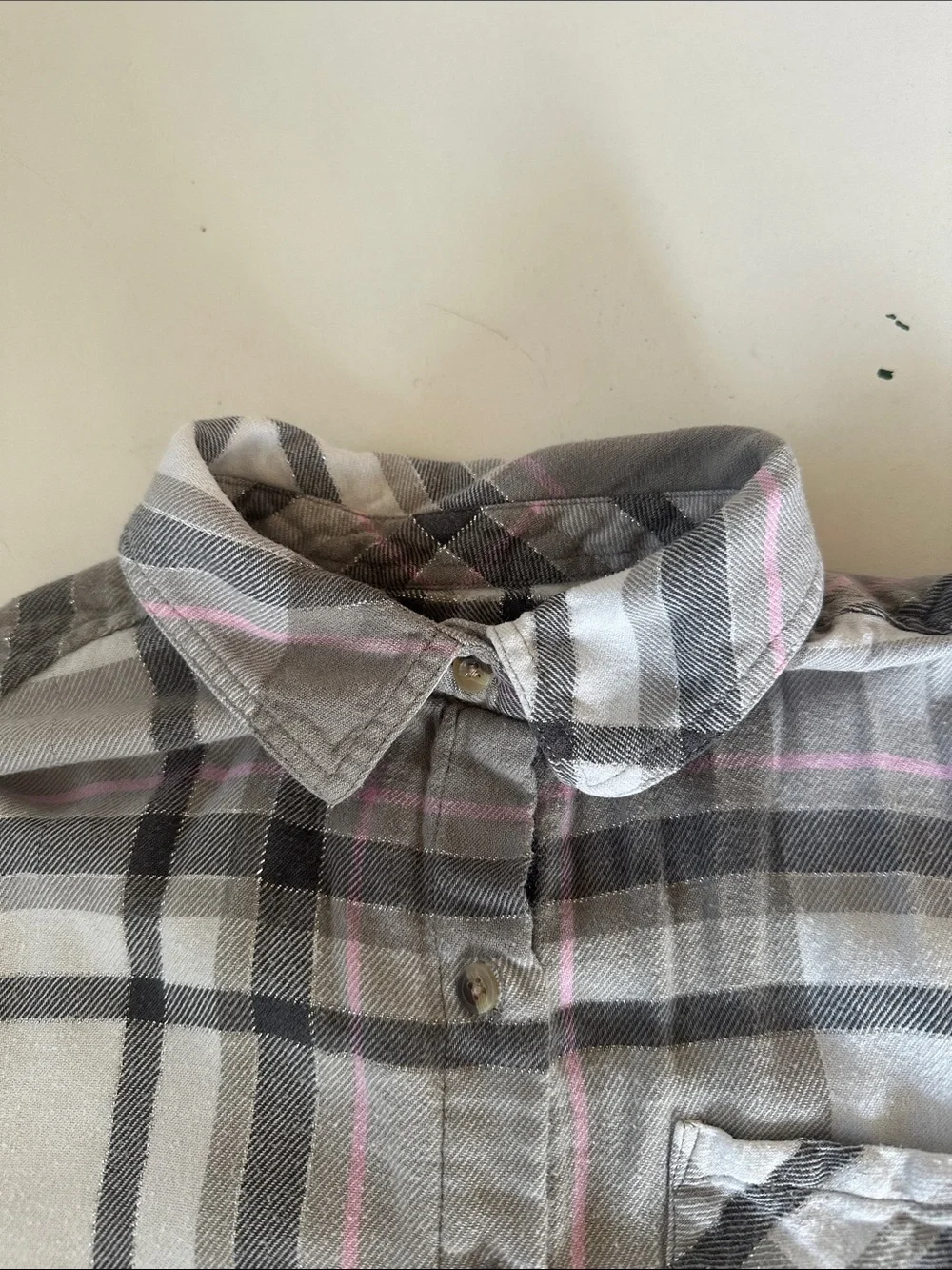 Justice Gray and White Plaid Button-Down Shirt with Pink Stripe